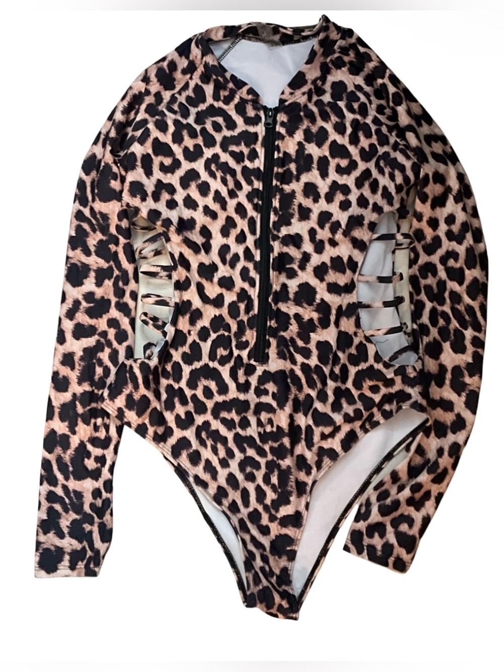Leopard Print Cutout Long Sleeve Zip Front Bodysuit Size XL